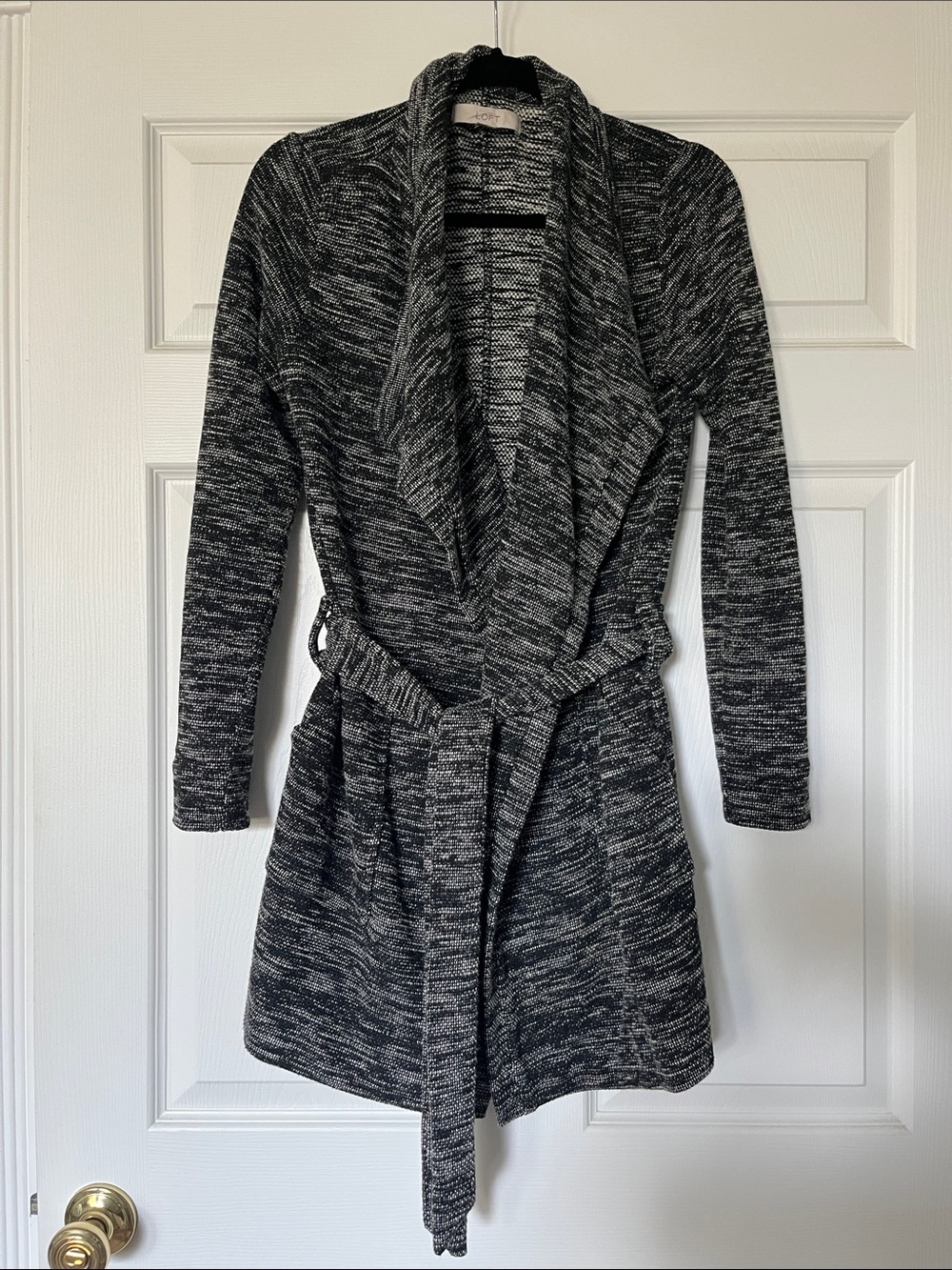 LOFT Black and White Marled Shawl-Collar Cardigan with Belt